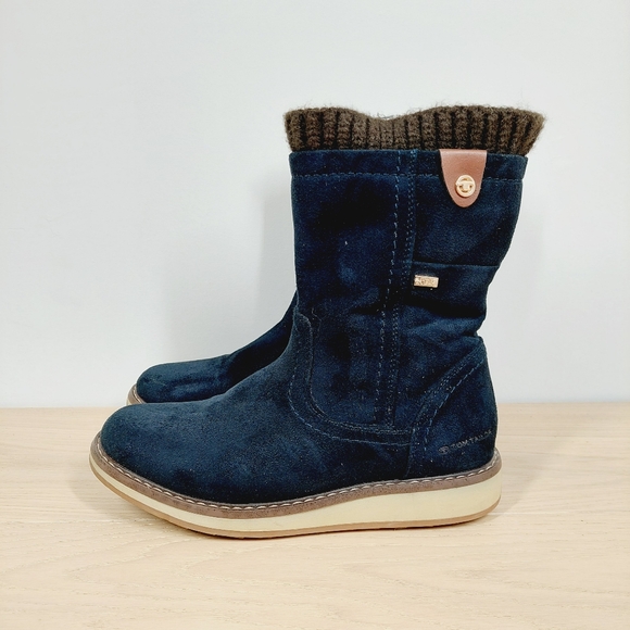 Tom Tailor Navy Blue Faux Suede Knit Cuff Mid-Calf Winter Boots 1153 - Picture 1 of 12